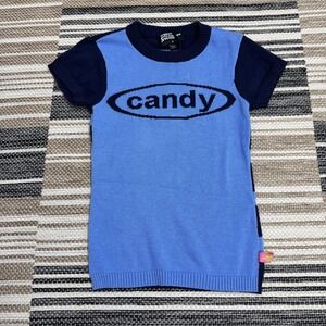 Basic Pleasure Mode Sweater Women's XS UK 6 Blue Candy Knit Graphic Short Sleeve